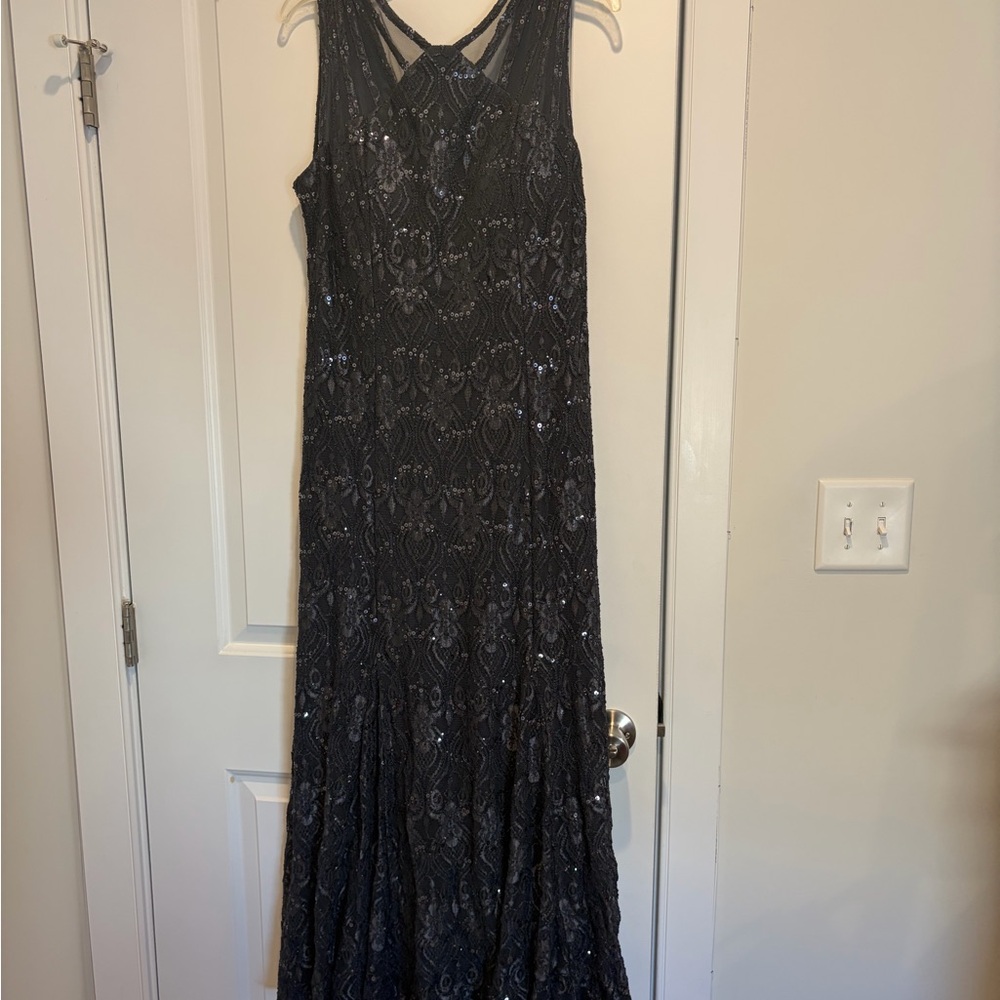 R&M Richards Dark Gray Beaded Maxi Dress